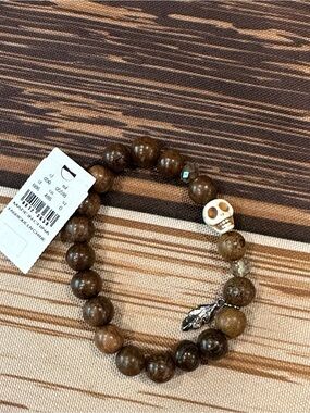 Brown Beaded Skull Charm Bracelet - Women Jewelry